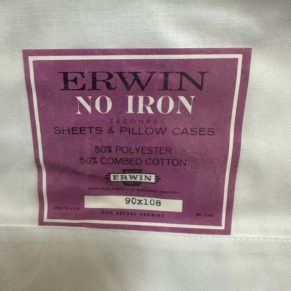 Vtg Erwin No Iron Combed Cotton Full Flat Sheet & Pillowcases Made USA NEW NOS